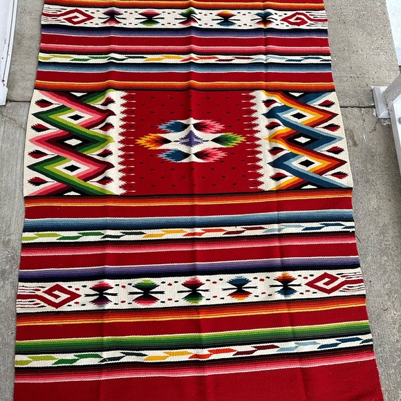 VINTAGE AZTEC SOUTHWEST HAND MADE WOOL RUG - Picture 2 of 6